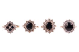 A group of four sapphire and cubic zirconia 9ct gold rings, all of cluster form, three examples feat
