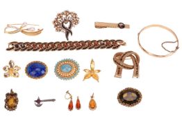 A group of costume jewellery, to include examples of gilt gem-set brooches, a rolled gold hinged ban