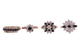 A collection of four gem-set rings in 9ct gold; all set with clusters of circular-cut sapphires and 
