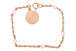 A pearl-set christening bracelet, the twist link chain set with five cultured pearls and leading to 