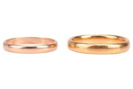 A wedding band in 22ct gold, polished court-shaped band, size P, 5.3 grams; another wedding band wit