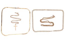 A collection of chains, including a cross pendant hallmarked 9ct gold, a flat snake link necklace st