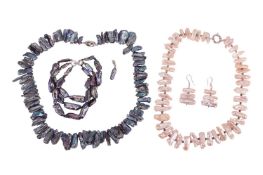 A small group of freshwater baroque pearl jewellery, comprising a dark grey baroque pearl necklace w