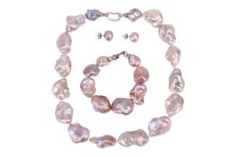 A lilac freshwater baroque pearl suite, including a necklace, bracelet and pair of earrings, the nec