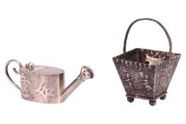 A Chinese export white metal miniature watering can, embossed with auspicious phrases, hinged cover,