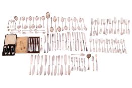 A cased set of silver coffee spoons and a cased set of filled silver handled butter knives together 