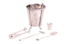 A silver-plated ice bucket set, the ice bucket measuring 14.2cm x 12.5cm x 12.5cm, to bark-effect fe