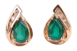 A pair of synthetic emerald and diamond-set earrings, claw-set with pear-shaped synthetic emeralds, 