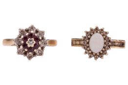 Two gem-set rings; The first a ruby and diamond cluster ring, the diamonds in illusion settings, to 