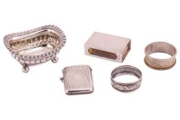 A group of silver items comprising, a late George III silver salt, with gadroon rim and half-lobed b