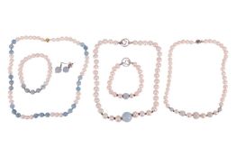 A group of pearl jewellery; The first piece a cultured pearl and blue lace agate bead necklace, 51.0
