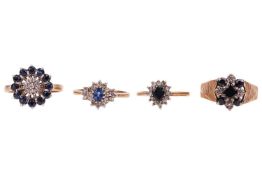 Four sapphire & diamond rings in 9ct gold, all of cluster form, featuring dark blue sapphires, r