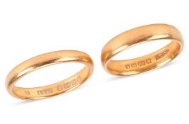 Two wedding bands in 22ct yellow gold, British assay marks, size J½ and M½ respectively, total weigh