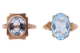 Two 9ct gold synthetic spinel dress rings; the first collet-set with an oval-cut synthetic spinel to