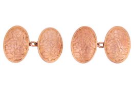 A pair of 9ct gold cufflinks, each oval plaque of foliate design, mounted in rose and yellow gold, w