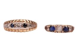 Two gem-set rings; The first a diamond and sapphire five stone ring in 9ct gold, with scalloped bord