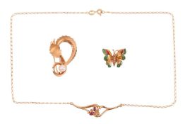 A group of Italian jewellery; to include a diamond and gem-set necklace, a pearl-set scrolling brooc