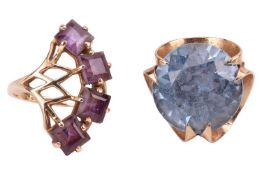 Two gem-set rings, to include one set with four square cut amethysts, in an abstract surround, stamp