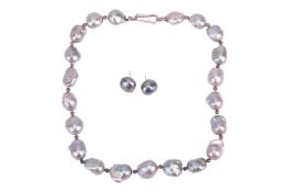 A baroque pearl single-strand necklace and earring suite, the row of grey baroque pearls, strung and