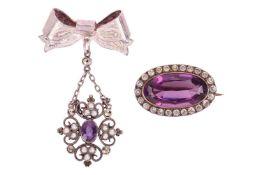 Two gem-set silver brooches; to include an amethst pendant with half seed pearls and marcasite, atta