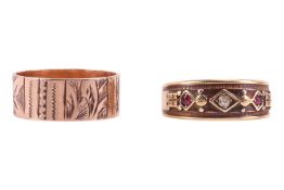 Two Rings; A 9ct gold engraved band ring, ring size N 1/2, 2.9 grams; And a ruby & diamond set r
