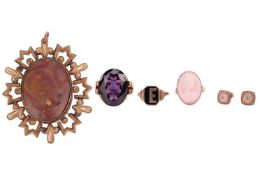 A mixed collection of gem-set jewellery items; to include, a synthetic sapphire ring, size M; a shel