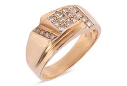 A diamond set dress ring, of geometric design, the centre grain-set with nine round-cut diamonds in 