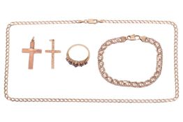 A mixed lot of jewellery, to include, a garnet five-stone ring in 9ct, British hallmarks, size R; a 