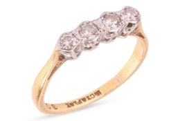 A diamond four-stone ring, featuring four round brilliant-cut diamonds, claw set in a yellow and whi