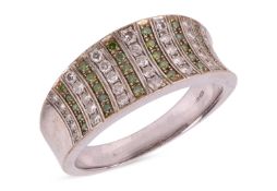 A 14ct white and green diamond ring, set with alternating rows of round-cut green and white diamonds