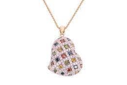 A coloured diamond heart pendant on chain, the pendant of heart design set with white diamonds in a 