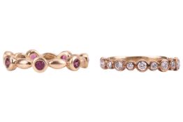 Two gem-set rings; The first ring set with seven garnets, ring size M 1/2; The second a diamond half
