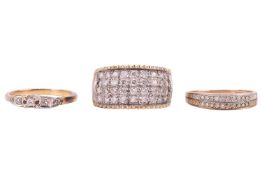 Three rings, to include, a diamond five-stone ring, worn marks, surface testing as 18ct, ring size M