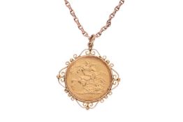 A 1902 King Edward VII double sovereign set pendant, the coin encased to a filigree mount which surf