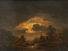 Attributed to J.Th. Abels. Moonlit riverside landscape