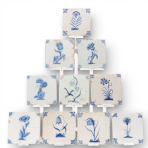 Delft, tien blauw wit aardewerk tegels, 17e / 18e eeuw;