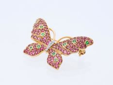 Brosche 2,22 ct. Tsavolith, Turmalin, Diamanten 585 Roségold 14 Karat