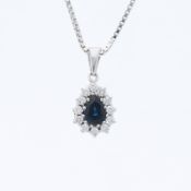 Halskette mit Anhänger 1,60 ct. Saphir, Diamanten 585 Weißgold 14 kt.