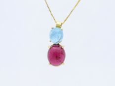 Halskette mit Anhänger 14,94 ct. Aquamarine, Turmaline 585 Gelbgold 14 Karat
