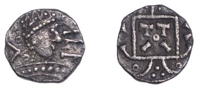Early Anglo-Saxon Period, Sceatta, Primary Series C, c. 680-710, radiate bust right, two...