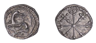 Early Anglo-Saxon Period, Sceatta, Secondary Series N/W mule, monster with long, sinuous...
