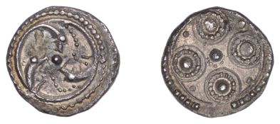 Early Anglo-Saxon Period, Sceatta, Secondary Series H, type 48, clockwise whorl of three...