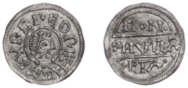 Kings of Mercia, Burgred, Penny, Phase IIb [V4/A], struck by the moneyer Hussa, draped and...
