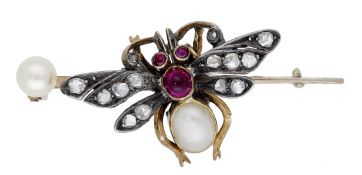 A late 19th century insect brooch, with ruby cabochon eyes and thorax, half-pearl abdomen...