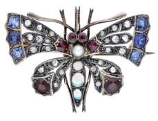 A late 19th century gem-set butterfly brooch, the rose-cut diamond wings with oval-cut...