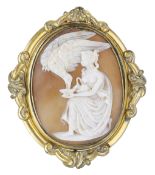 A 19th century shell cameo brooch, carved to depict 'Hebe and the Eagle', the goddess...
