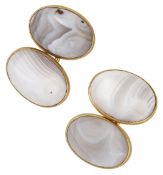 A pair of 19th century agate cufflinks, the banded agate cabochons with chain connectors,...