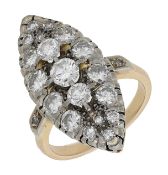A diamond ring, the marquise-shaped plaque set with single and brilliant-cut diamonds,...