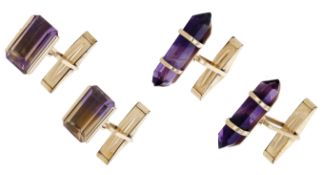 Two pairs of quartz cufflinks, one pair set with amethyst crystals, the other set with...