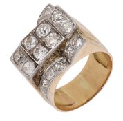 A diamond ring, circa 1940, of odeonesque bicolour design, set throughout with old...